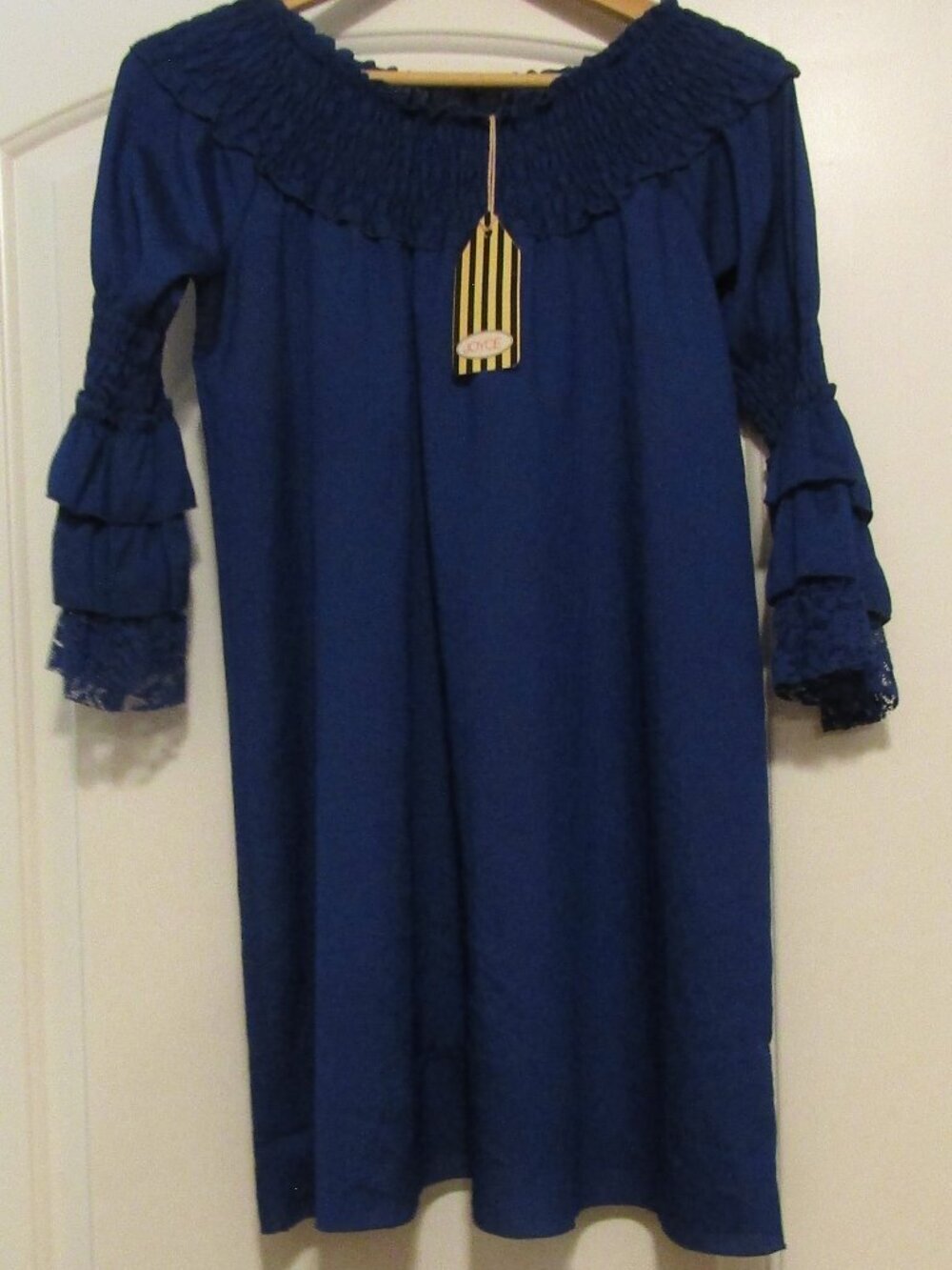 New with Tag JOYCE Cobalt Blue Smocked Shift Dress Size Small Ruffled Neckline